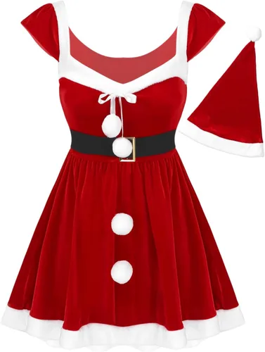 Vista 5 de TiaoBug Vestido de Navidad para mujer, disfraz de fiesta de Navidad, mini vestido con sombrero