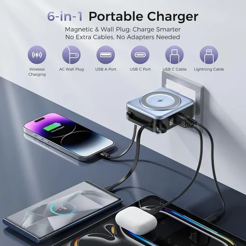 Vista 2 de 10000mAh Portable Charger Power Bank Built in Cables&Wall Plug Baby Blue