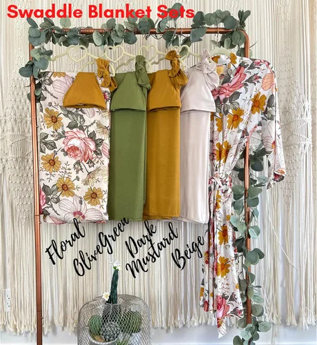 Vista 7 de DOB Baby Mommy and Me - Conjunto de bata, manta de envolver y moño para bebé, color miel, sombrero y lazo para bebé, niño o niña, XXL