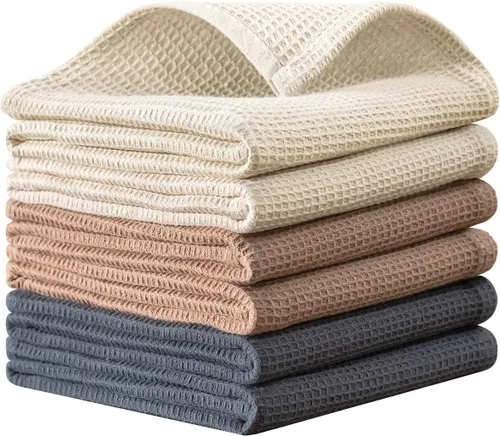 Vista 15 de QUILTINA Paquete de 6 paños de cocina de 12 x 12 pulgadas, 100% algodón, tejido de gofre, súper absorbentes, de secado rápido, color beige