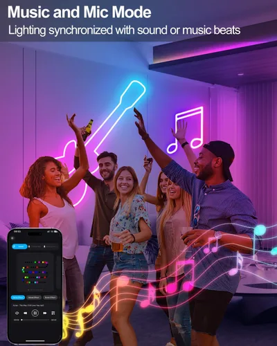 Vista 3 de Tira de luces de neón inteligentes USB, cuerda de luces LED de 16.4 pies, IC y RGB que cambian de color con control de aplicación, sincronización