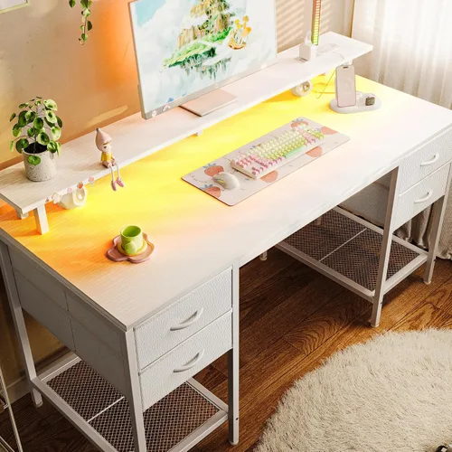 Vista 11 de Huuger Escritorio para computadora de 47 pulgadas con 4 cajones, escritorio para juegos con luces LED y tomas de corriente, escritorio de oficina