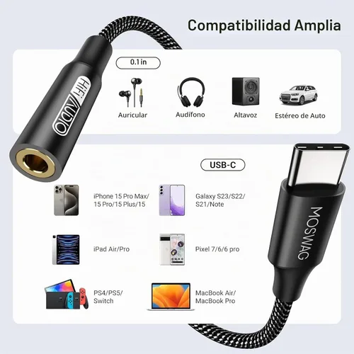 Vista 6 de MOSWAG Adaptador de audio USB tipo C a conector de auriculares hembra