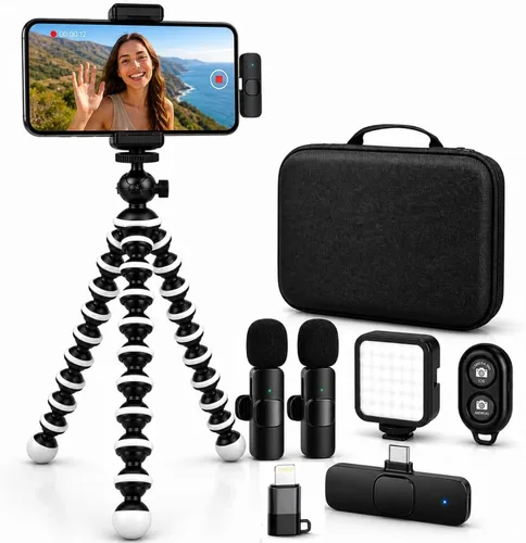 Vista 7 de Acuvar Kit de vlogging premium de 9 piezas para iPhone, Android y cámaras, micrófono, soporte de trípode y luz LED, paquete de YouTube, TikTok