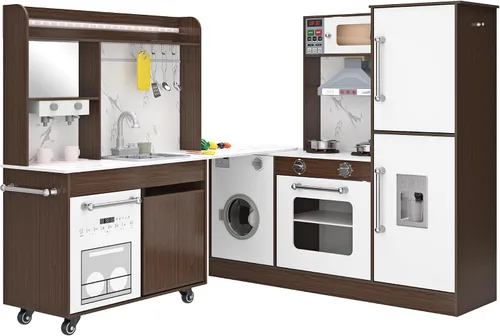 Vista 9 de Juego de cocina grande de esquina de madera, juego de cocina para niños con máquina de hielo, sonido y luz realistas, fregadero de juguetes con agua