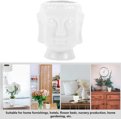 Vista 4 de Happyyami Maceta de cerámica para plantas de interior, diseño de estatua de Buda para decoración del hogar, 1 ud