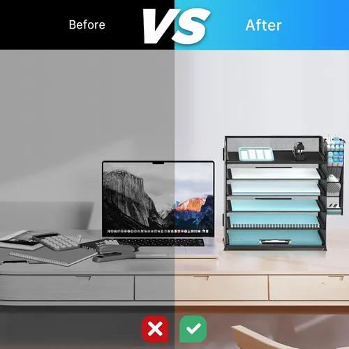 Vista 6 de SUPEASY Organizador de escritorio de 6 niveles con 4 soportes para bolígrafos, organizador de papel de malla con asa, bandeja organizadora de Negro