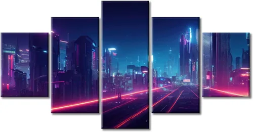 Vista 61 de Cuadros de 5 paneles de Cyberpunk City, arte de pared, representación de vallas publicitarias, edificios modernos en la capital con obras de arte