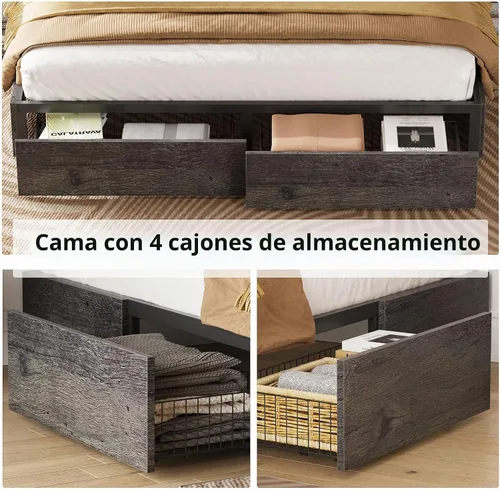 Vista 4 de LIKIMIO Base de cama King con 4 cajones de almacenamiento, color gris Gris carbón