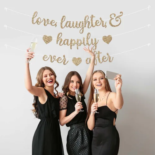 Vista 7 de Cartel preencordado con texto en inglés "Love Laughter & Happily Ever After", "No hazlo tú mismo" – Cartel dorado con purpurina para despedida
