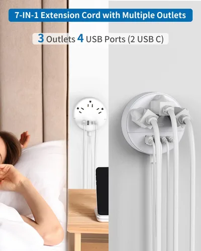Vista 7 de NTONPOWER - Cable de extensión plano de 25 pies, regleta de alimentación de enchufe plano con 3 tomas, 4 puertos USB (2 USB C), cable de extensión