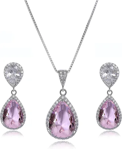 Vista 51 de Conjunto de joyería para boda, aretes de lagrima y collar con dije de circonio cúbico