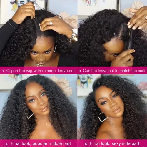 Vista 2 de Peluca de cabello humano rizado rizado con parte en V para mujeres negras, en forma de V, sin dejar fuera, sin pegamento, 14 pulgadas