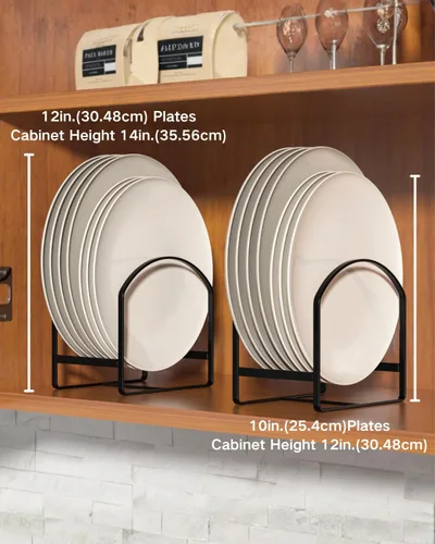 Vista 2 de LINFIDITE Paquete de 2 soportes organizadores de platos de cocina para gabinete, ahorrador de espacio, estante de almacenamiento de platos Negro