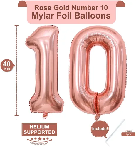 Vista 2 de Globos gigantes de número 10 de 40 pulgadas en oro rosa, 10 globos de oro rosa para cumpleaños, globos de 10 para décimo cumpleaños, aniversario
