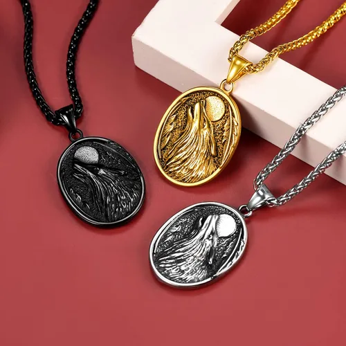 Vista 8 de FaithHeart Collar con colgante de lobo vikingo nórdico para hombres y mujeres, acero inoxidable, chapado en oro de 18 quilates, joyería con embalaje