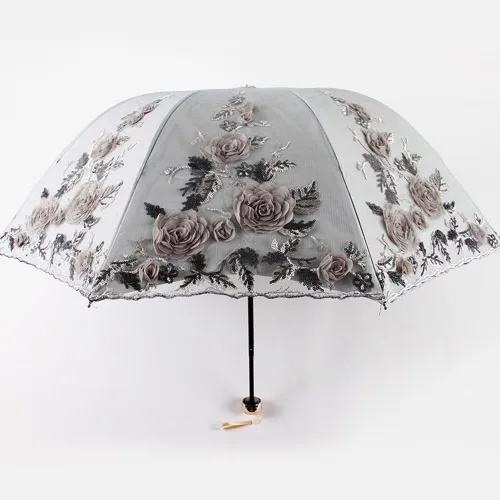 Vista 161 de Honeystore Sombrilla bordada con flor 3D plegable UV con encaje clásico