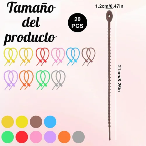 Vista 2 de 20 bridas de silicona coloridas, bridas reutilizables de 8 pulgadas, lazos ajustables multiusos para sellar bolsas de plástico, cables y cables