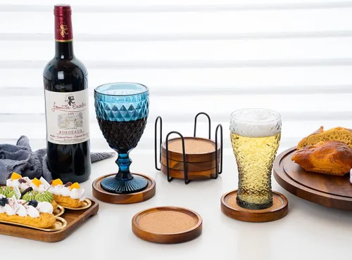 Vista 3 de Posavasos de corcho de madera de acacia con soporte, posavasos de corcho rústico absorbente para mesas de café/comedor y escritorios, juego de 6