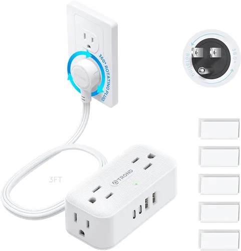 Vista 17 de TROND 360° Rotating Flat Plug Power Strip, 1.5FT Extension Cord with 4 USB Ports, 4 Wide Spaced AC Outlets, Wall Mount, 900J Surge Protector for