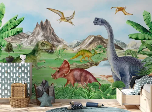 Vista 3 de Murwall Kids Soft Dinosaur Wallpaper Jurassic World Wall Mural Prehistoric Trex Wallpaper