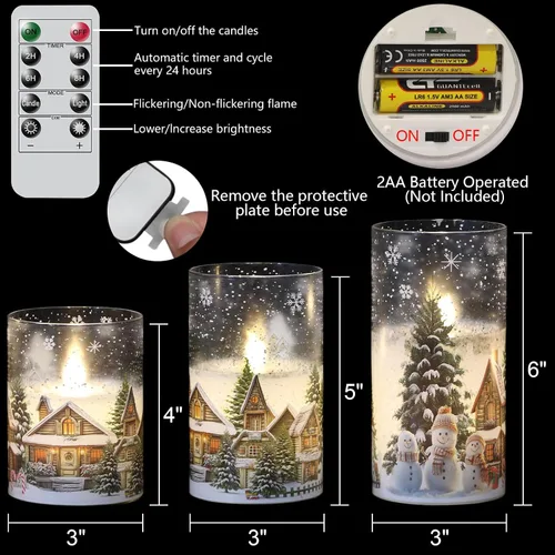 Vista 2 de Velas de cristal sin llama de casa de muñeco de nieve a pilas, con control remoto y temporizador; velas LED parpadeantes de cera real, luz blanca