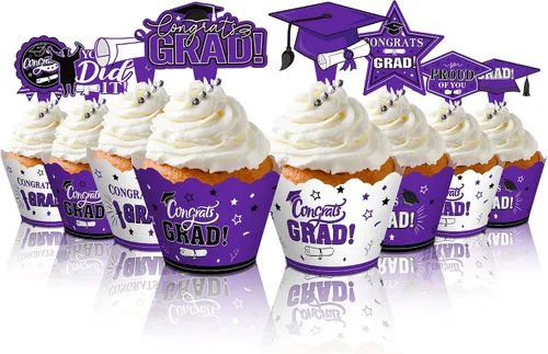 Vista 8 de Lincia 96 piezas 2026 decoraciones para cupcakes de graduación 2026 con púas, suministros de fiesta de graduación y envoltorios para pasteles