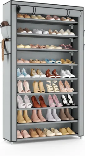 Vista 12 de Zapatero con cubierta, organizador de zapatos estrecho con 4 bolsillos laterales, estante alto de 10 niveles, almacenamiento para 18-22 pares