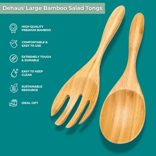 Vista 2 de Dehaus Servidores de ensalada de bambú extra grandes de 12 pulgadas - Cucharas de madera para servir ensaladas - Utensilios ecológicos - Manos