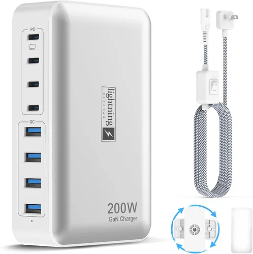 Vista 11 de Bloque de carga rápida USB C de 200 W, estación de carga de 8 puertos para iPhone/iPad/MacBook, caja de cargador 4C4A GaN, cargadores múltiples