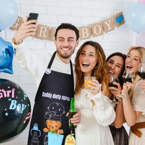 Vista 6 de 7 piezas de delantal para baby shower, regalos para papá nuevo, divertido delantal negro para baby shower, primer papá para ser regalo del día