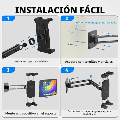 Vista 8 de Urmust Soporte de pared para tableta para iPad, rotación de 360°, soporte ajustable para tablet con brazo extensible de aluminio, para iPad