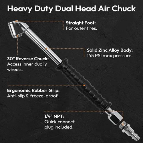 Vista 2 de Dual Head Air Chuck, 1/4" NPT Tire Inflator Adapter, 145 PSI