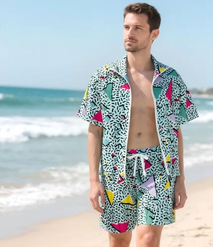 Vista 4 de UOUA Traje de los años 80 para hombre, disfraz de bloque de color de los años 90, conjunto de 2 piezas de chaqueta y pantalones cortos retro