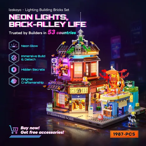 Vista 2 de FUNWHOLE Cyberpunk - Juego de iluminación japonesa Izakaya - Juego de ladrillos de construcción - Cyberpunk Neon City Future Pub Japanese Street