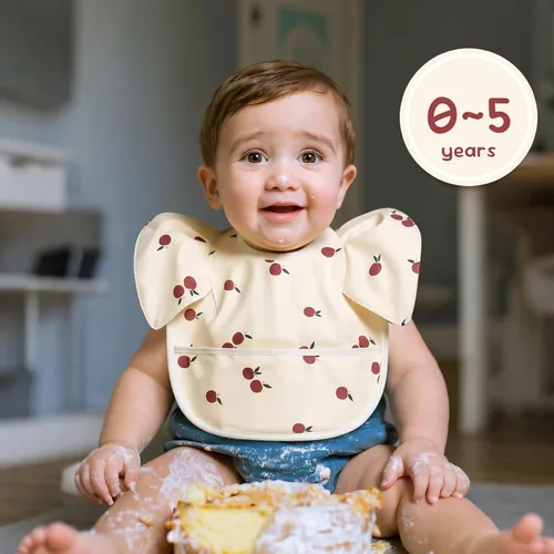 Vista 2 de Paquete de 5 baberos ajustables para comer, baberos de alimentación para bebés, impermeables, lavables con gran receptor de alimentos, a prueba