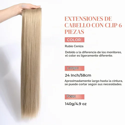 Vista 3 de LONAI 6 extensiones de cabello con clip, 24 pulgadas de largo, lacio, sintético, postizo para mujer, rubio ceniza natural
