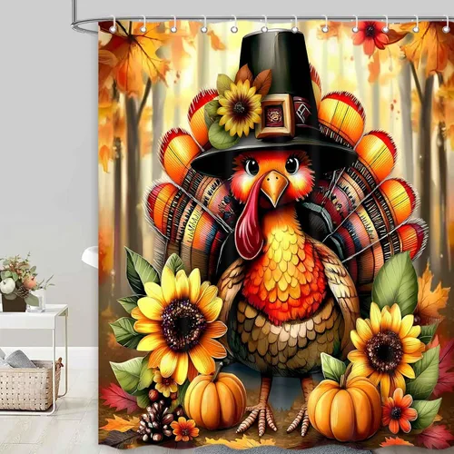 Vista 2 de Cortina de ducha de Acción de Gracias de otoño con pavo, juego de cortinas de baño de granja con flores de calabaza de otoño y cosecha, tela