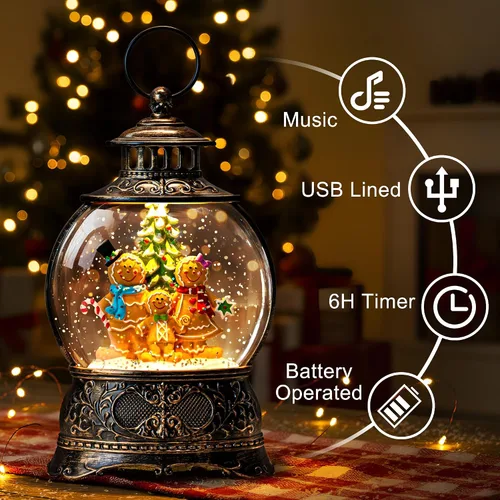 Vista 2 de Linterna de globo de nieve de Navidad con agua con escena de jengibre, funciona con batería o USB, luz musical iluminada, decoración festiva
