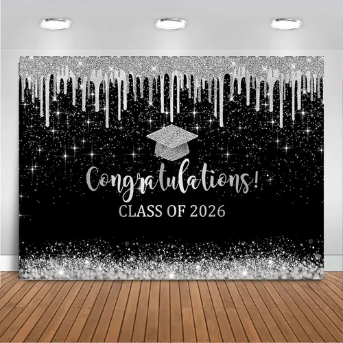 Vista 12 de Mocsicka Fondo de graduación de 7 x 5 pies 2026, decoraciones de graduación negro y dorado, pancarta de felicitaciones de graduación 2026, fondo