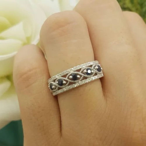 Vista 7 de Dazzlingrock Collection Anillo de boda de aniversario de mujer con piedras preciosas redondas y diamantes blancos Plata de ley 925