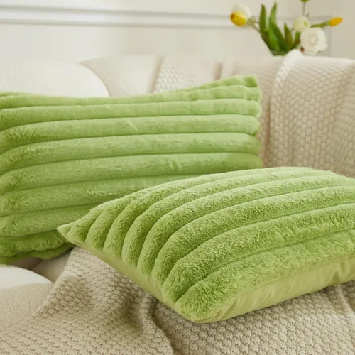 Vista 3 de JAUXIO Juego de 2 fundas de almohada de piel sintética sólidas con textura a rayas decorativas esponjosas para sofá, sala de estar, 12 x 20