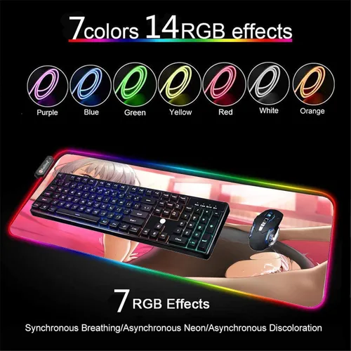 Vista 4 de Alfombrilla grande para mouse con luces LED RGB, animé para niña, sexy, pechos en el pecho, accesorios para videojuegos, videojuegos, escritorio