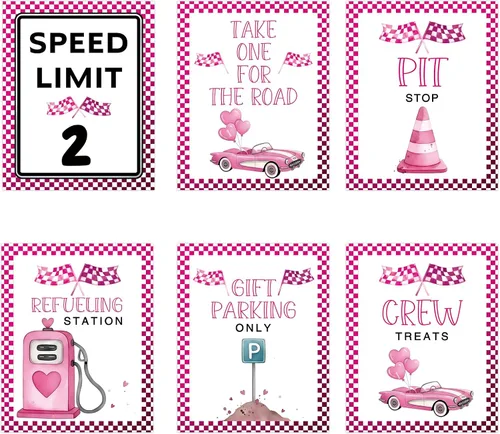 Vista 7 de Letreros de fiesta de primer cumpleaños de coche de carreras rosa, límite de velocidad, decoraciones de cumpleaños para niña, decoración rápida