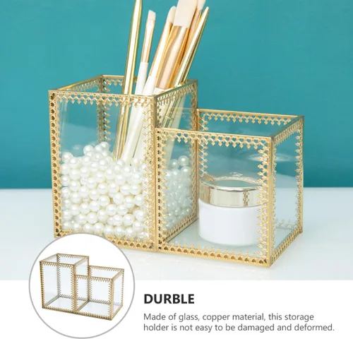 Vista 3 de ULTECHNOVO Two-compartment Glass Makeup Brush Holder Cosmetic Storage Organizer with Lace Design for Vanity Desk and Jewelry Display