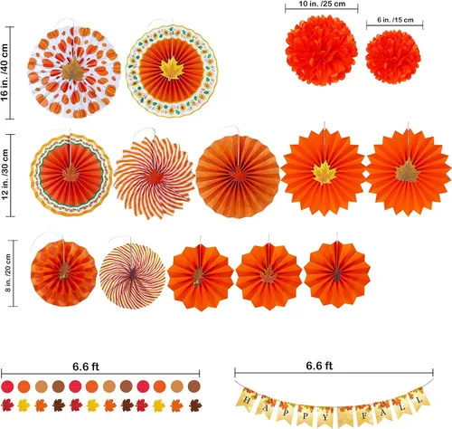 Vista 2 de Winlyn Paquete de 21 decoraciones de fiesta de otoño a granel, color naranja tía, abanicos de papel colgantes, pancarta de feliz otoño, pompones