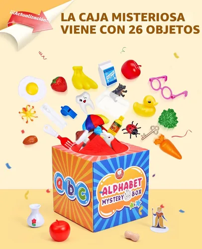 Vista 4 de JoyCat Caja misteriosa del alfabeto para niños, 26 piezas de clasificación de letras a juego, actividades, sonidos de letras, juguetes