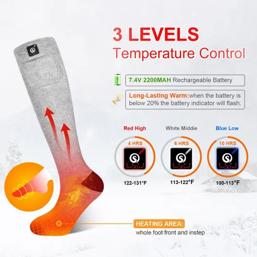 Vista 3 de Calcetines térmicos para hombres y mujeres, 7.4 V 2200 mAh, batería recargable eléctrica, calcetines de invierno cálidos, calcetines de calefacción