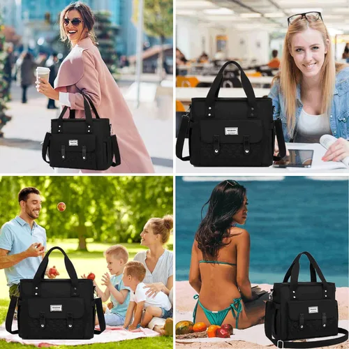Vista 6 de Bolsa de almuerzo aislada para mujer, negro, nailon, 13.5 x 6.8 x 11.5 pulgadas Lunch Box Containers Compartment Women Adult Work Picnic College