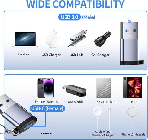 Vista 2 de Adaptador USB a USB C, USB C macho a USB 3.0 hembra, Paquete de 2, convertidor de cargador C hembra a A macho compatible con Apple Watch Ultra 8 9